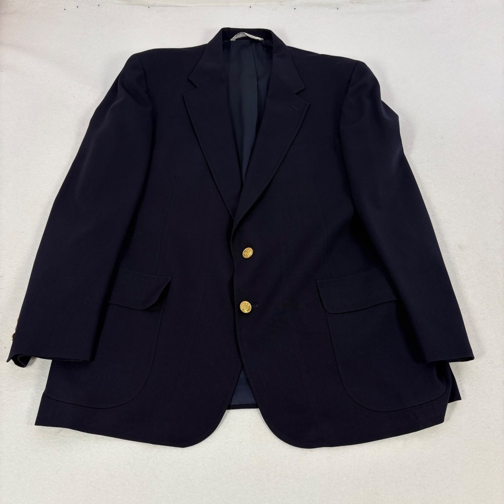 Lands End Navy Blue Blazer Mens XL Blue 48" Chest Gold Crest Buttons Wool 46L